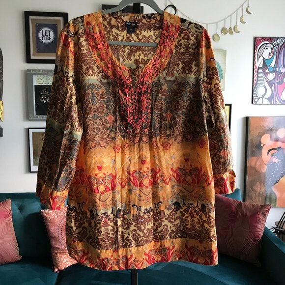 STYLE & CO size 14 Orange & Gold Paisley Boho Embellished Peasant Top Tunic - Picture 1 of 5